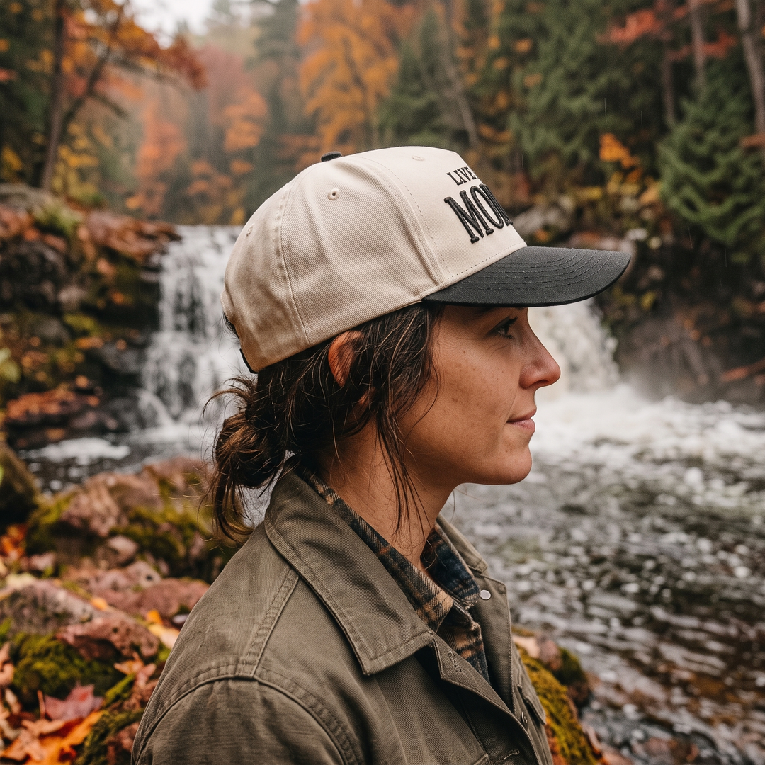 Limited Edition Live in the Moment Two Tone Mid Profile Snapback Baseball Hat — Side profile
