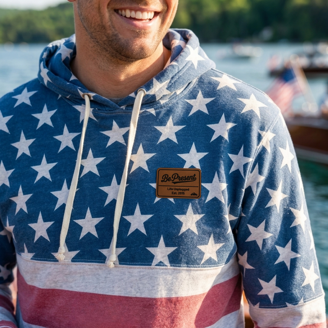 LIMITED EDITION AMERICAN FLAG HOODIE WITH BE PRESENT LEATHER PATCH