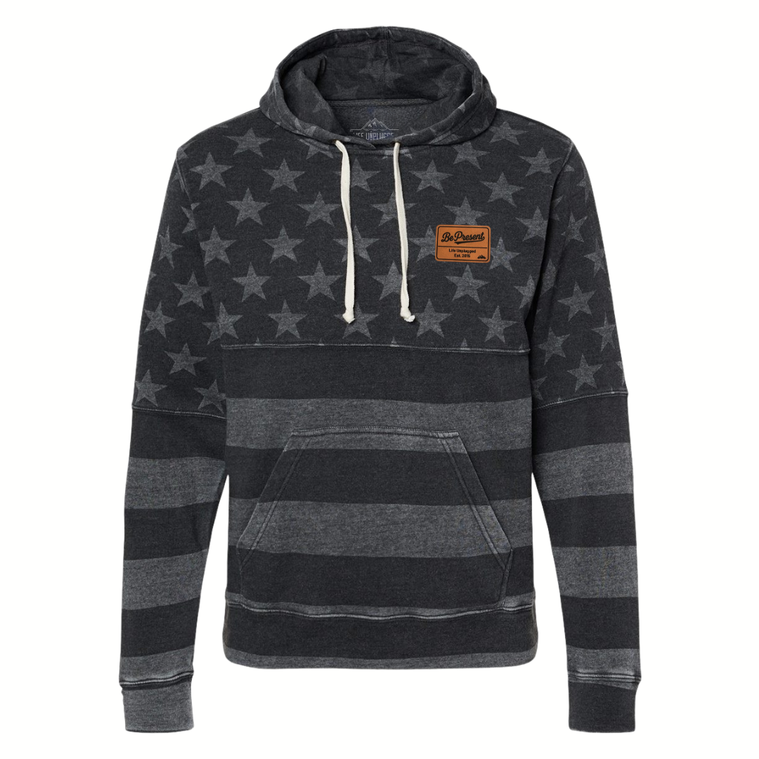 LIMITED EDITION AMERICAN FLAG HOODIE WITH BE PRESENT LEATHER PATCH