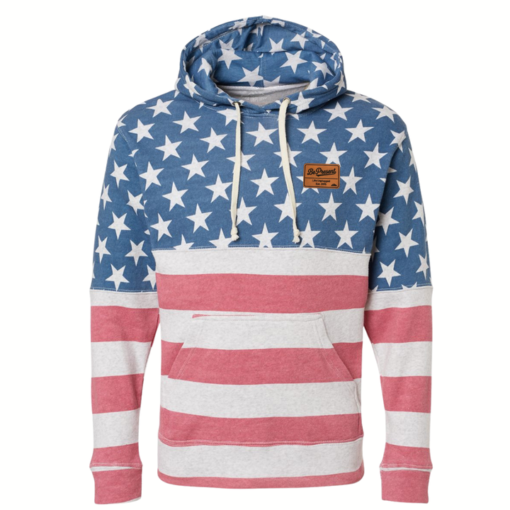 LIMITED EDITION AMERICAN FLAG HOODIE WITH BE PRESENT LEATHER PATCH