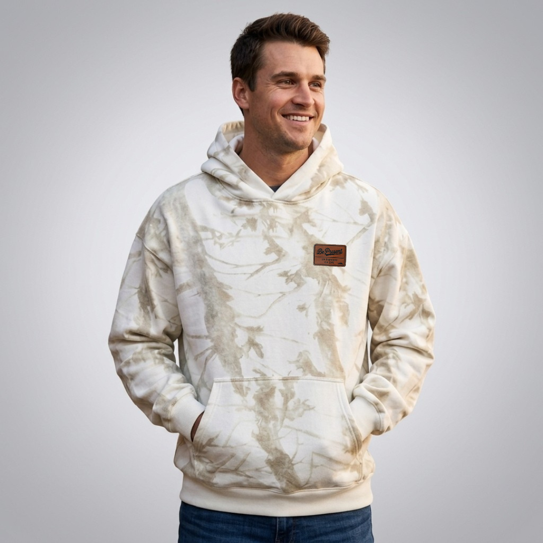 Founder's Select™ White Camo Oversized Heavyweight Hoodie with Be Present Leather Patch