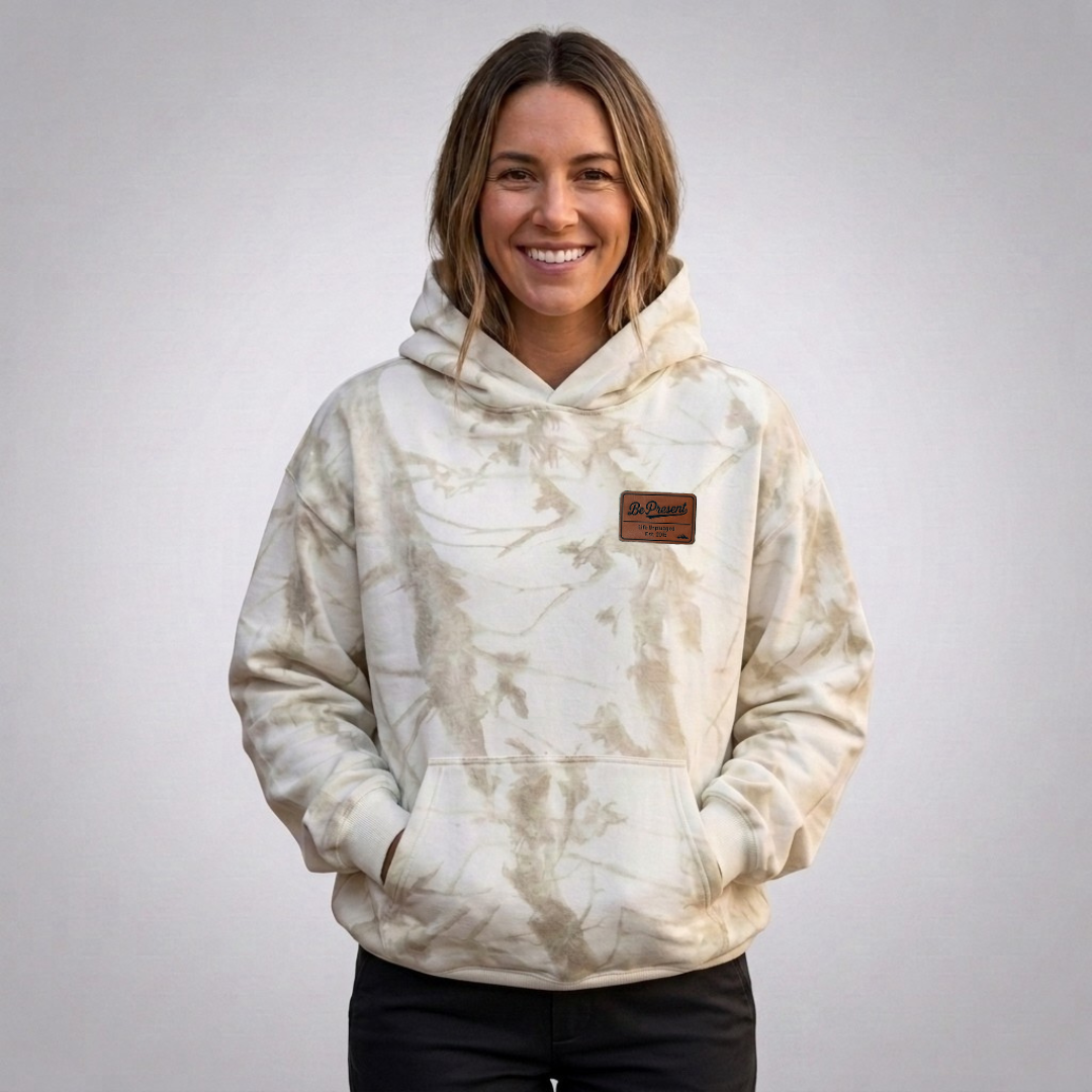 Founder's Select™ White Camo Oversized Heavyweight Hoodie with Be Present Leather Patch