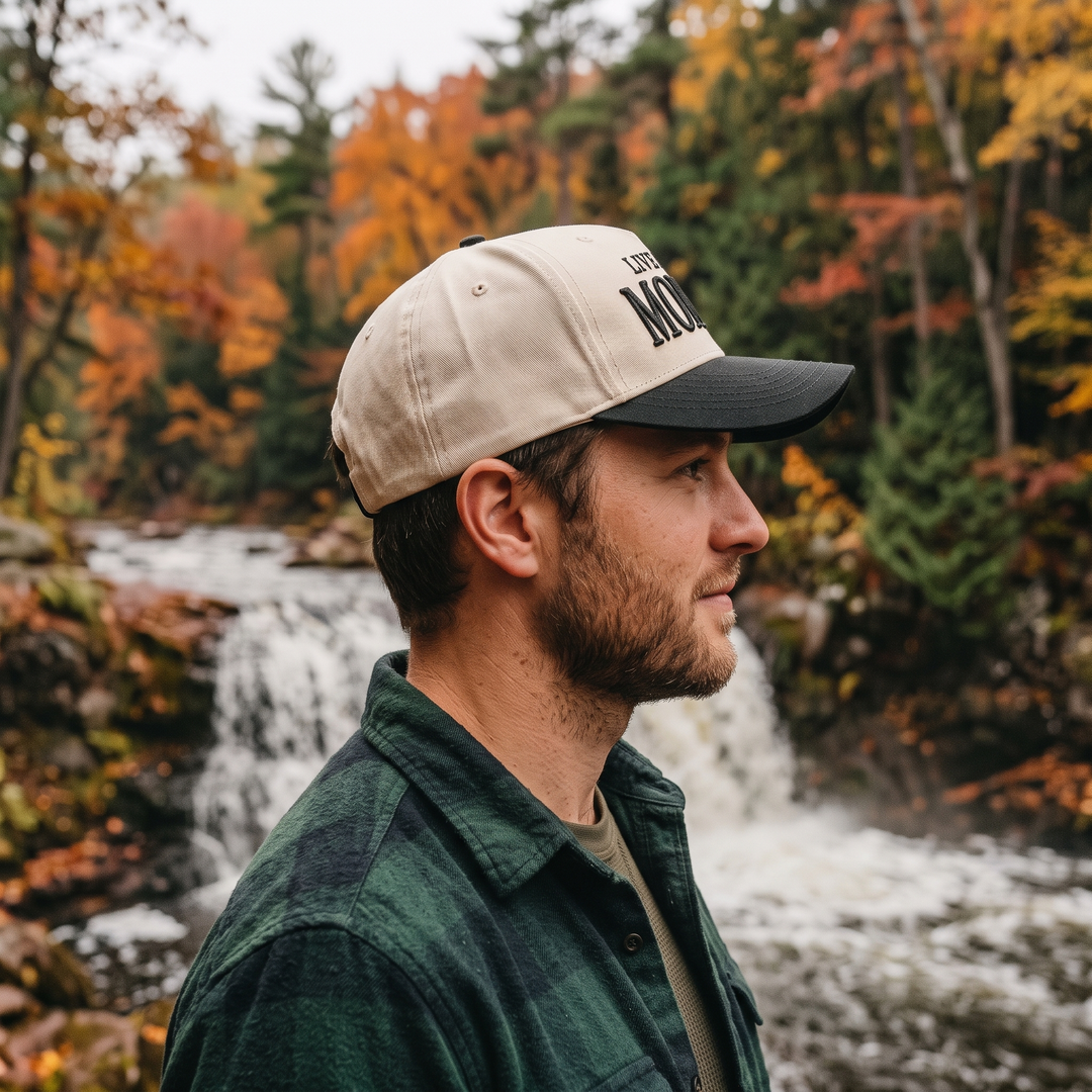 Limited Edition Live in the Moment Two Tone Mid Profile Snapback Baseball Hat — Side profile