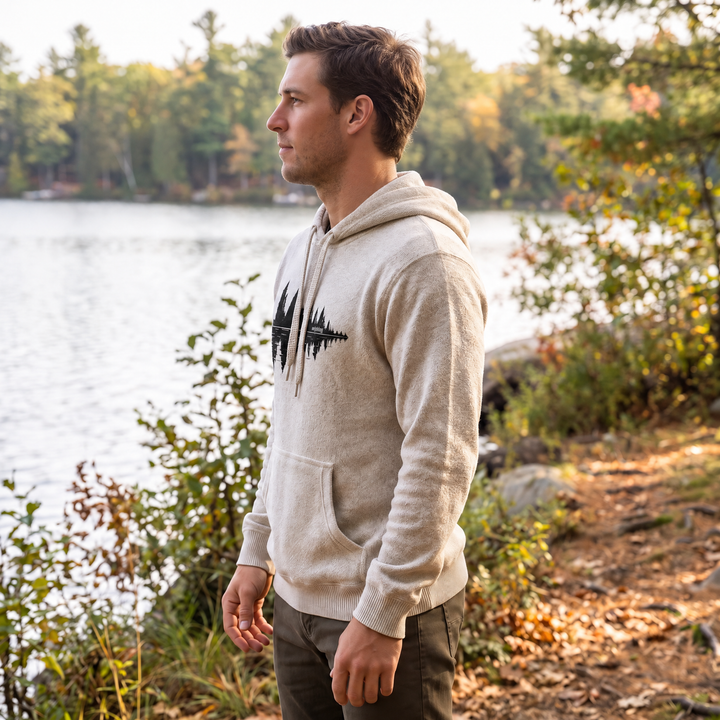 Lakeside Tree Reflection Nantucket Super Soft Sweater Hoodie — Side profile