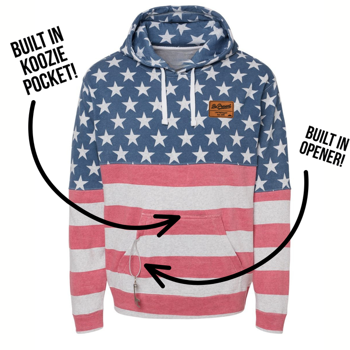 NEW! LIMITED EDITION AMERICAN FLAG KOOZIE HOODIE WITH BE PRESENT LEATHER PATCH