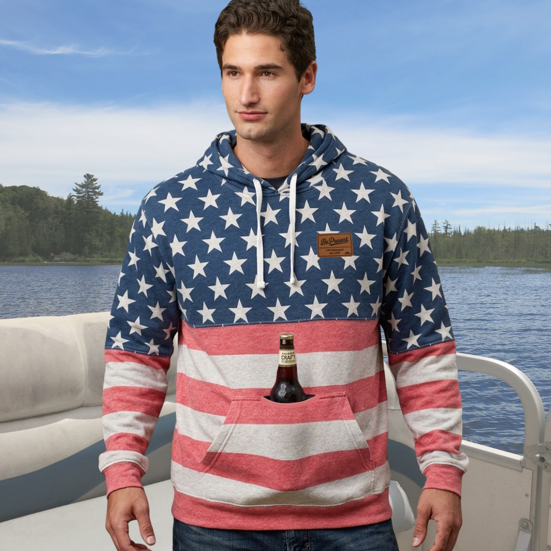 NEW! LIMITED EDITION AMERICAN FLAG KOOZIE HOODIE WITH BE PRESENT LEATHER PATCH