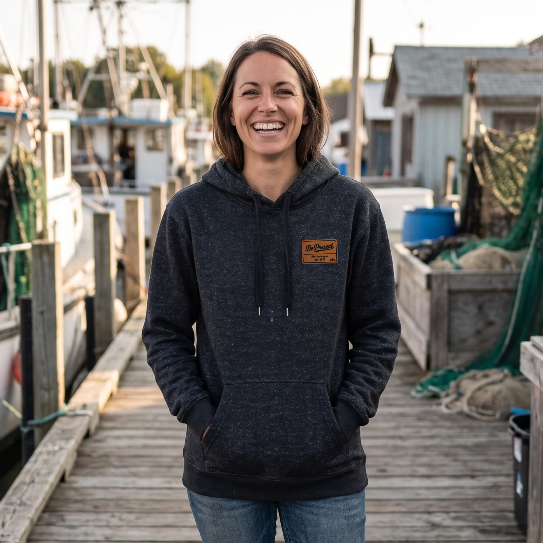 LIMITED EDITION Nantucket Super Soft Sweater Hoodie Be Present Leather Patch