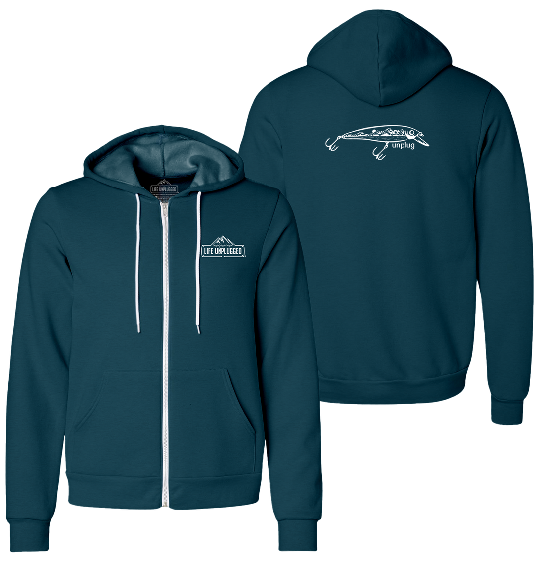 FISHING LURE MOUNTAIN SCENE Supersoft Midweight Zip Up Hoodie