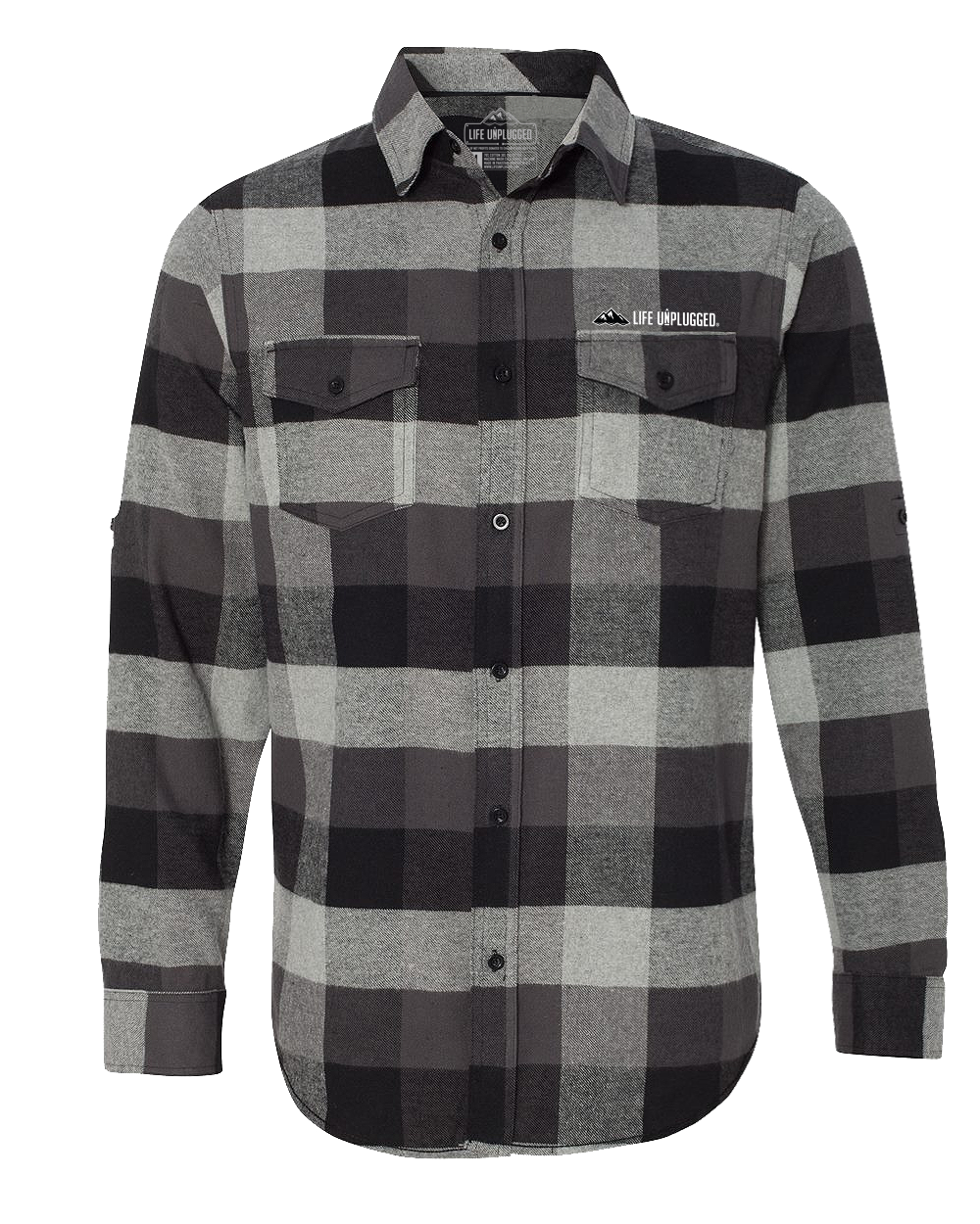 LIFE UNPLUGGED PREMIUM BUTTON DOWN FLANNEL LARGE - BUFFALO PLAID BLACK/GREY BLOWOUT