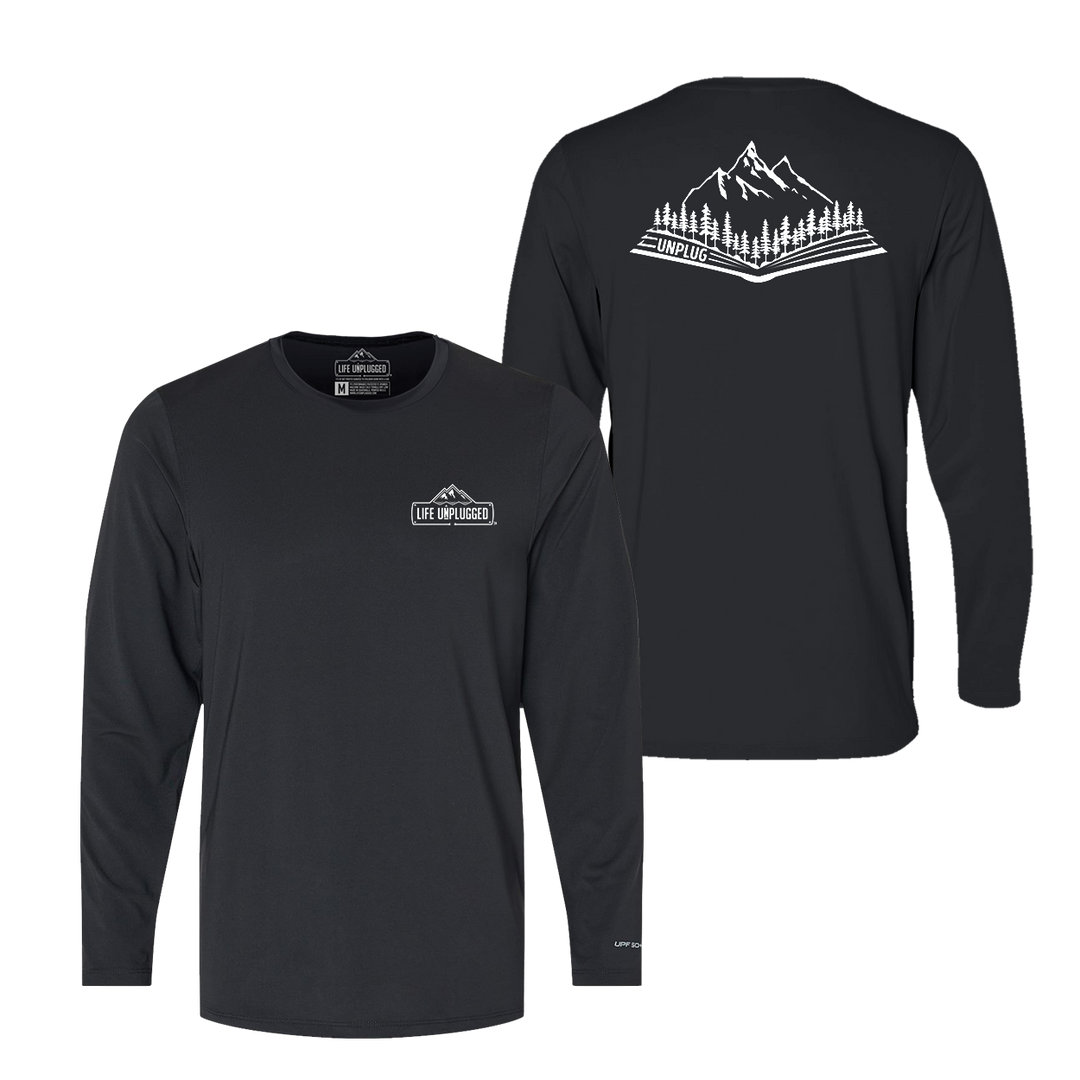 Open Book Mountain Scene Performance Long Sleeve with UPF 50+
