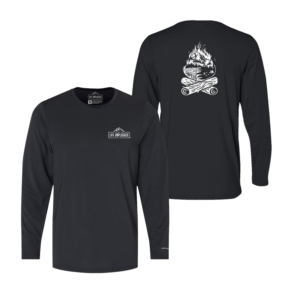 Campfire Mountain Scene Performance Long Sleeve with UPF 50+