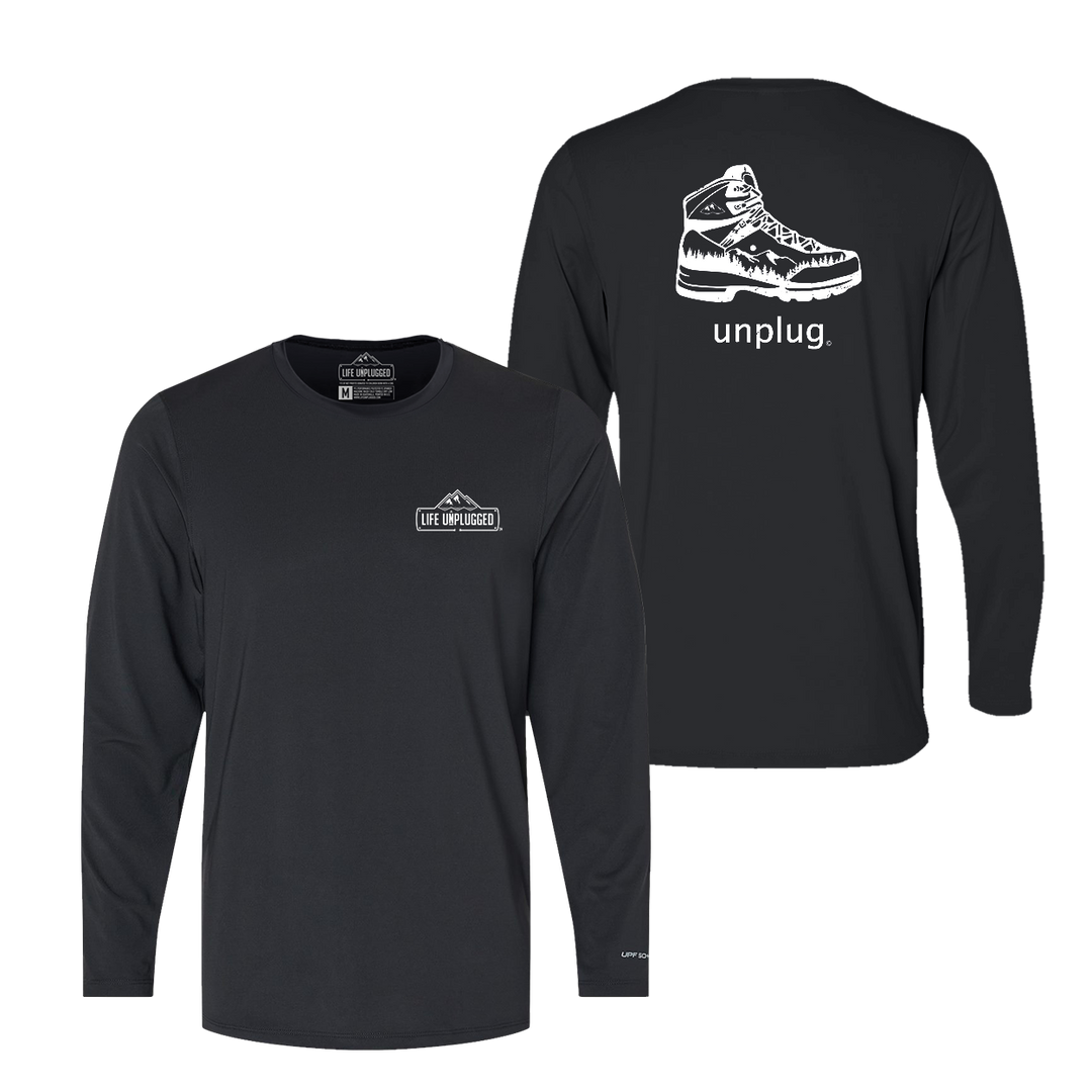 Hiking Boot Mountain Scene Performance Long Sleeve with UPF 50+