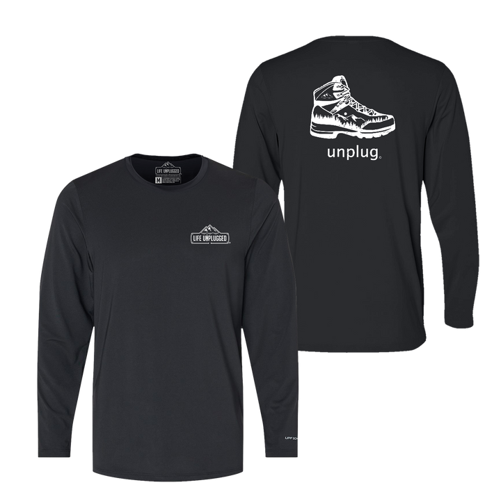 Hiking Boot Mountain Scene Performance Long Sleeve with UPF 50+