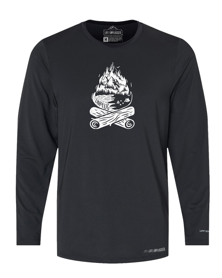 Campfire Mountain Scene Poly/Spandex High Performance Long Sleeve with UPF 50+ - Life Unplugged