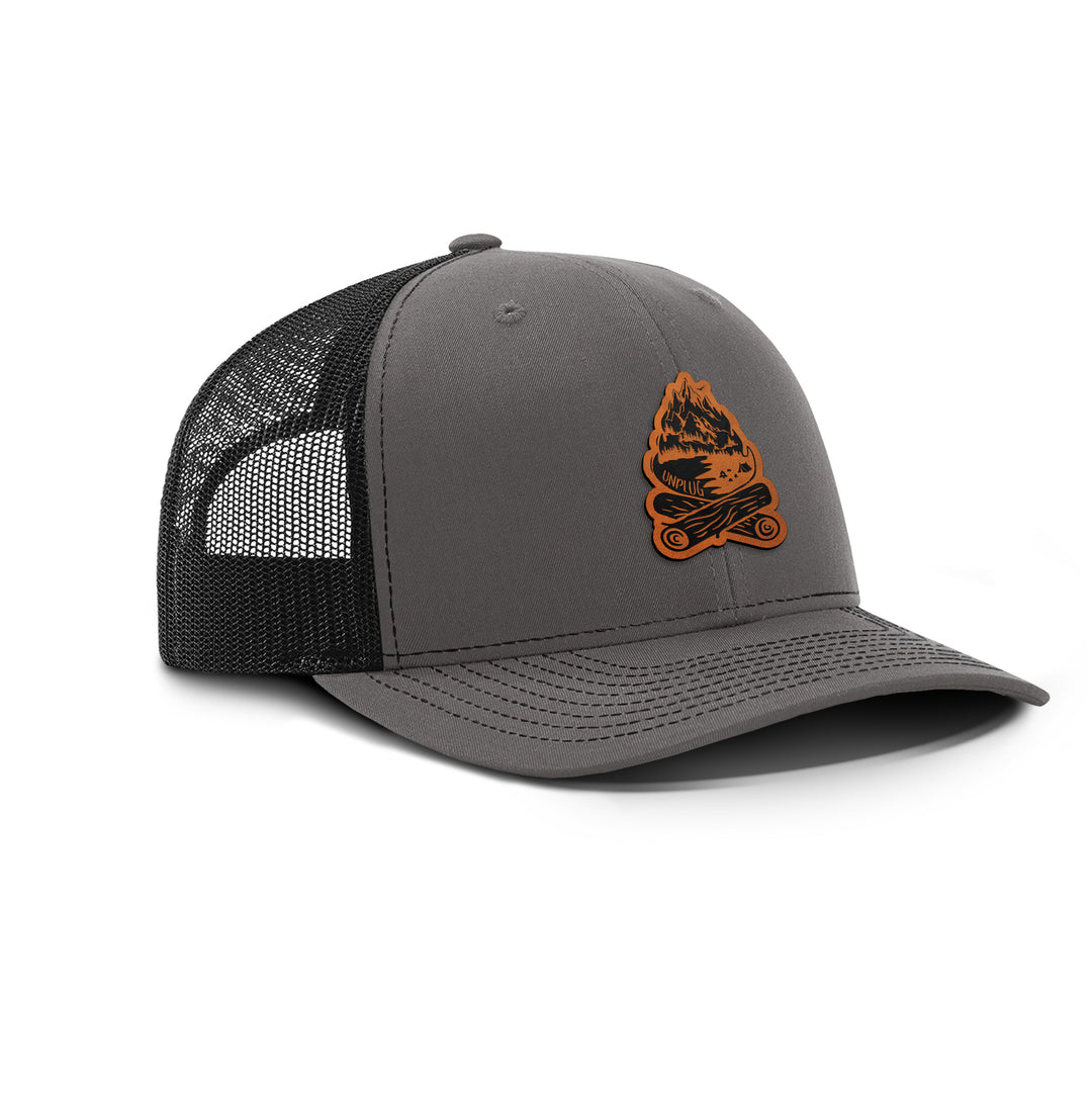 CAMPFIRE MOUNTAIN SCENE Snapback Leather Patch Hat - BLACK/CHARCOAL BLOWOUT