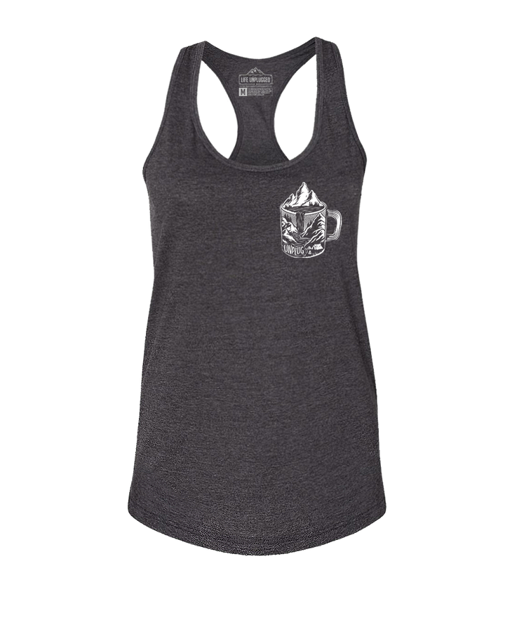 Coffee Mountain Scene Left Chest Women's Racerback Tank Top