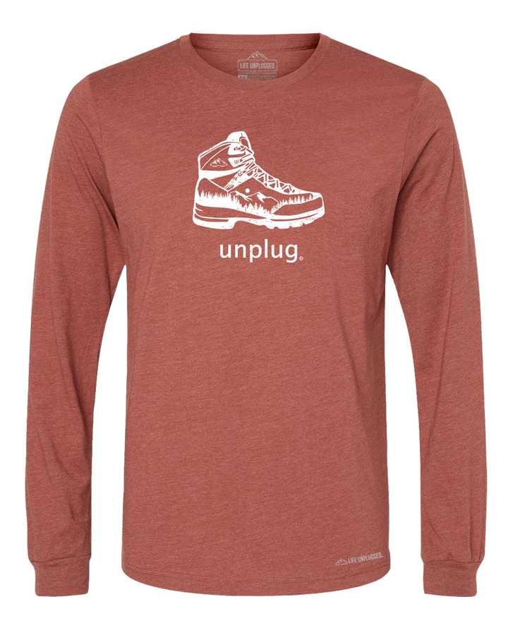 Hiking Boot Mountain Scene Premium Polyblend Long Sleeve T-Shirt - Life Unplugged