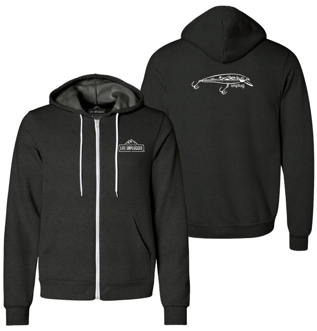FISHING LURE MOUNTAIN SCENE Supersoft Midweight Zip Up Hoodie