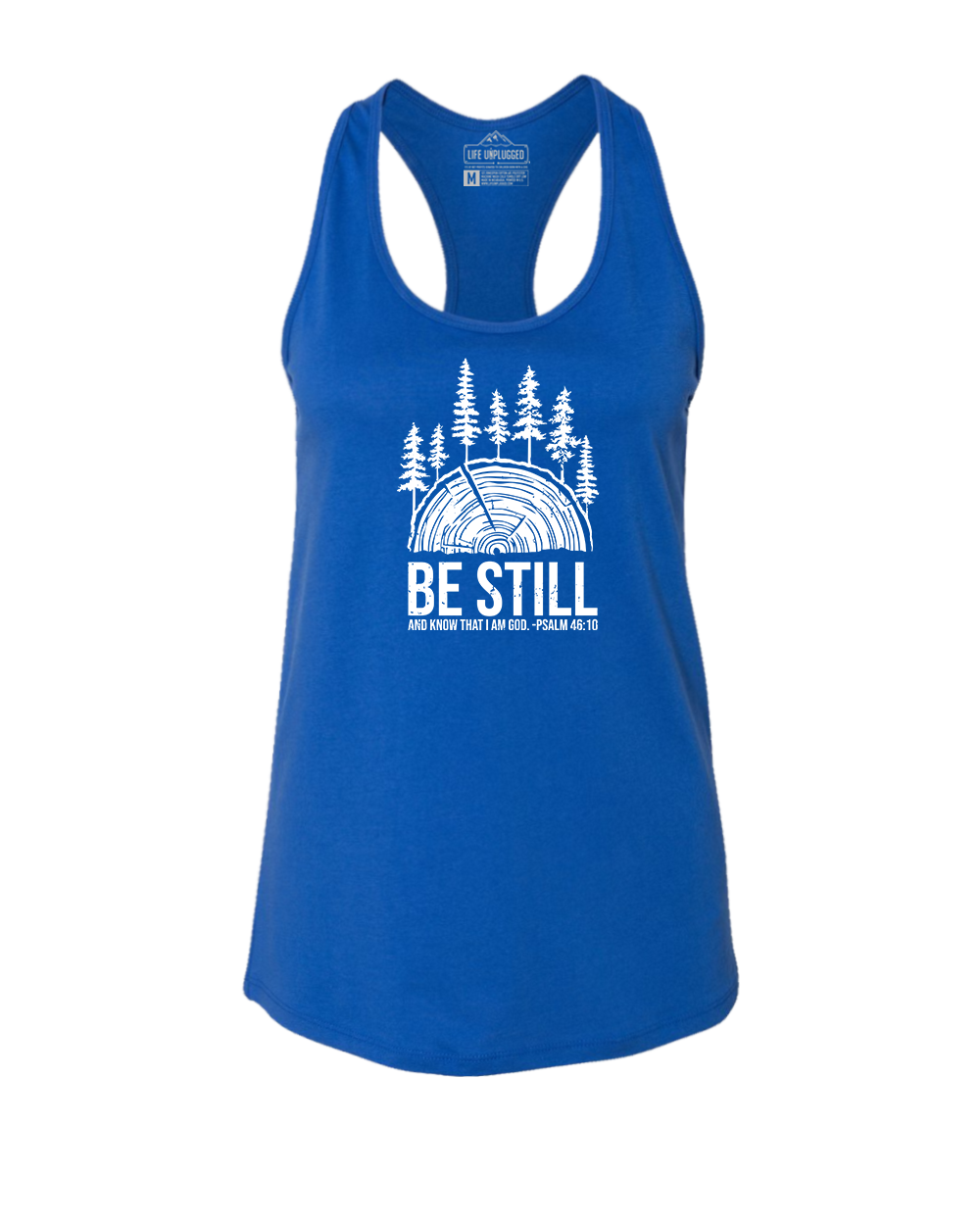 BE STILL IN THE WOODS Women's Racerback Tank Top MEDIUM - GREAT LAKE BLUE BLOWOUT