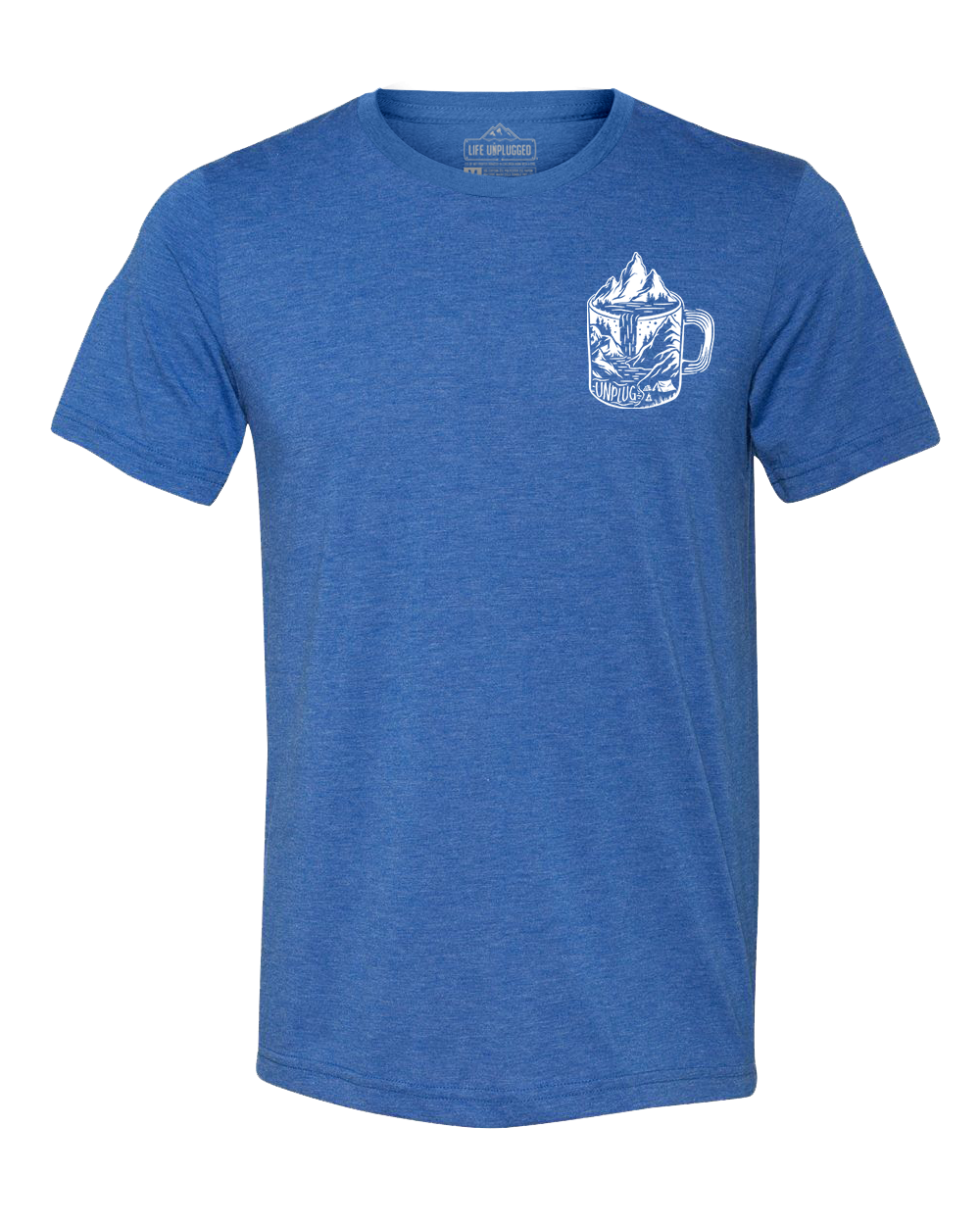 COFFEE MOUNTAIN SCENE LEFT CHEST Triblend T-Shirt LARGE - GREAT LAKE BLUE BLOWOUT