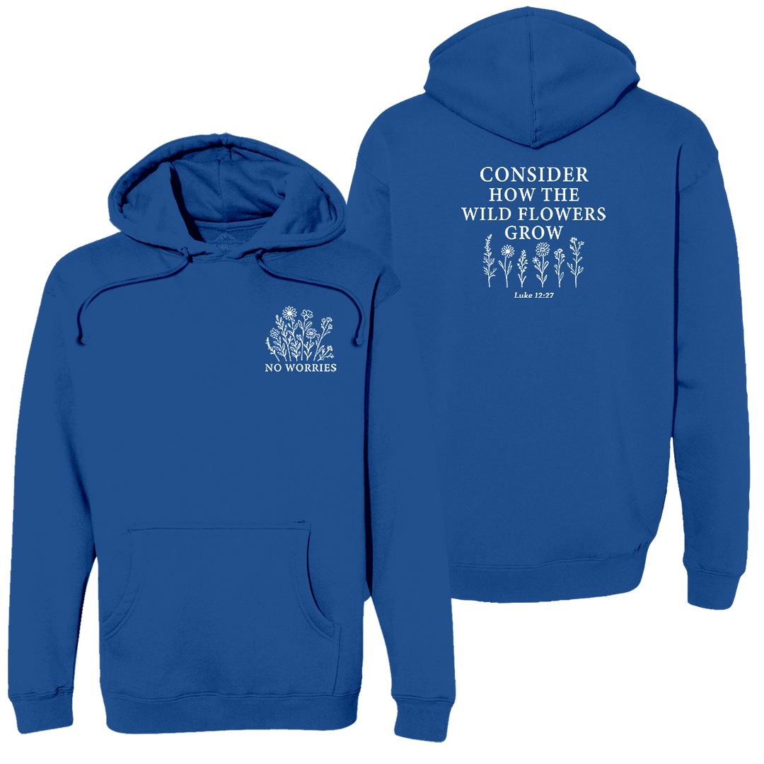 CONSIDER THE WILDFLOWERS Heavyweight Hoodie MEDIUM - GREAT LAKE BLUE BLOWOUT