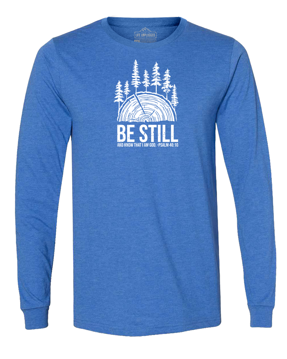BE STILL IN THE WOODS Long Sleeve T-Shirt 2XL - GREAT LAKE BLUE BLOWOUT