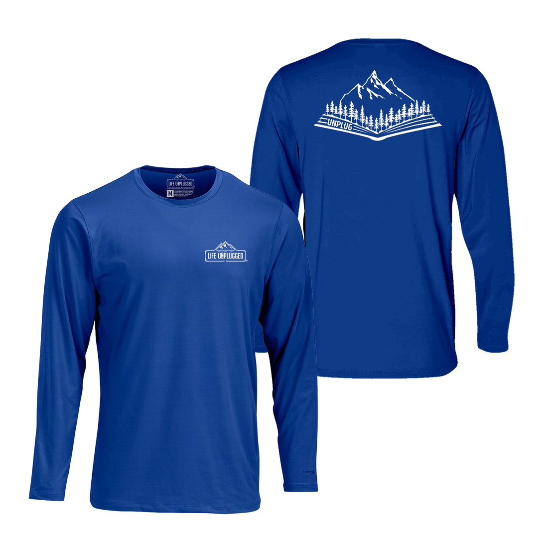 Open Book Mountain Scene Performance Long Sleeve with UPF 50+