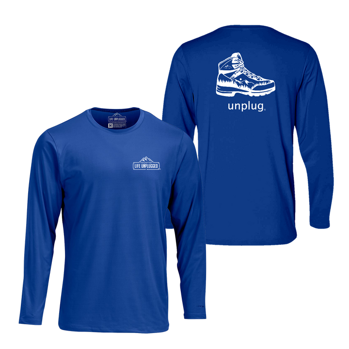 Hiking Boot Mountain Scene Performance Long Sleeve with UPF 50+