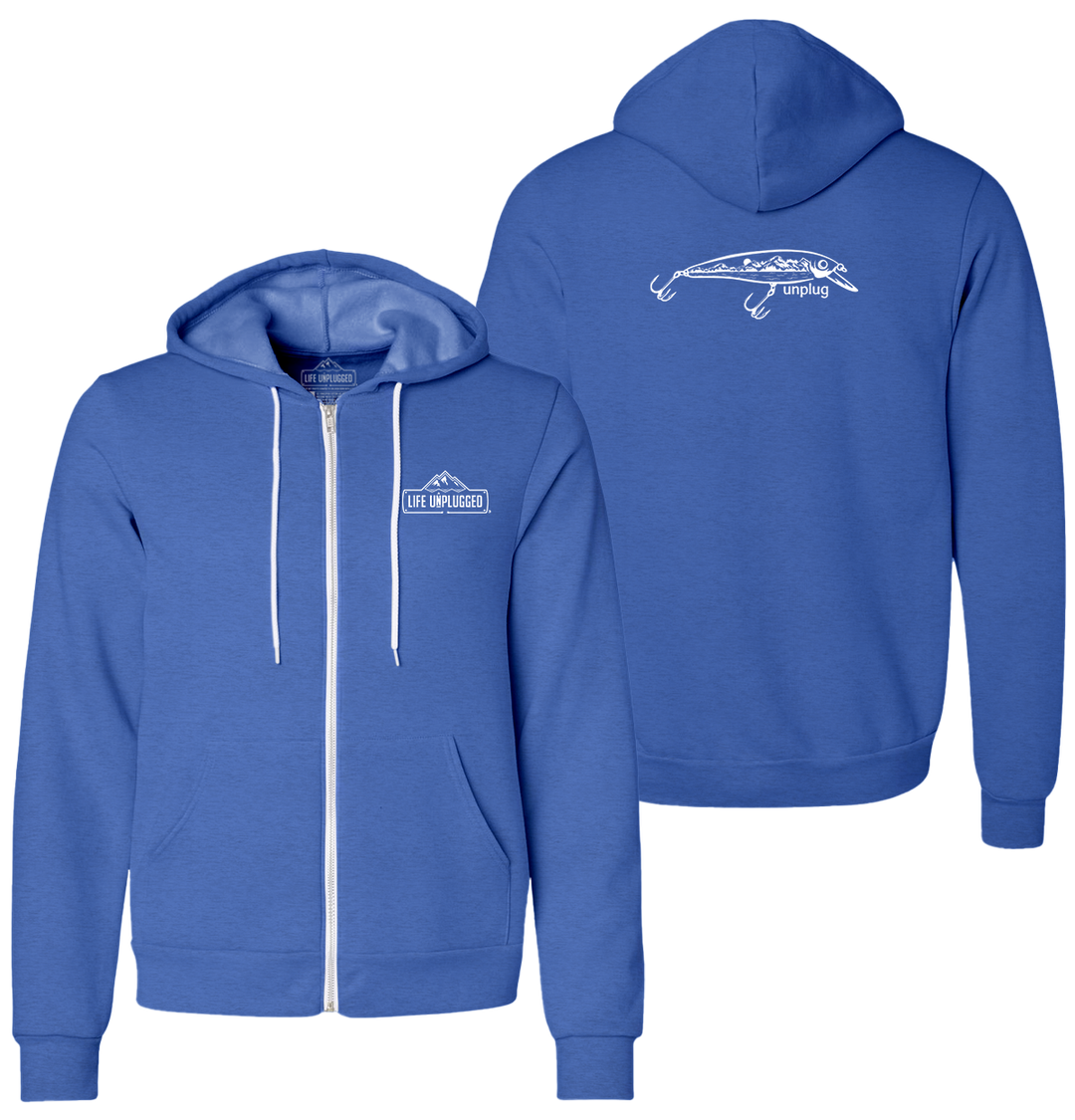 FISHING LURE MOUNTAIN SCENE Supersoft Midweight Zip Up Hoodie