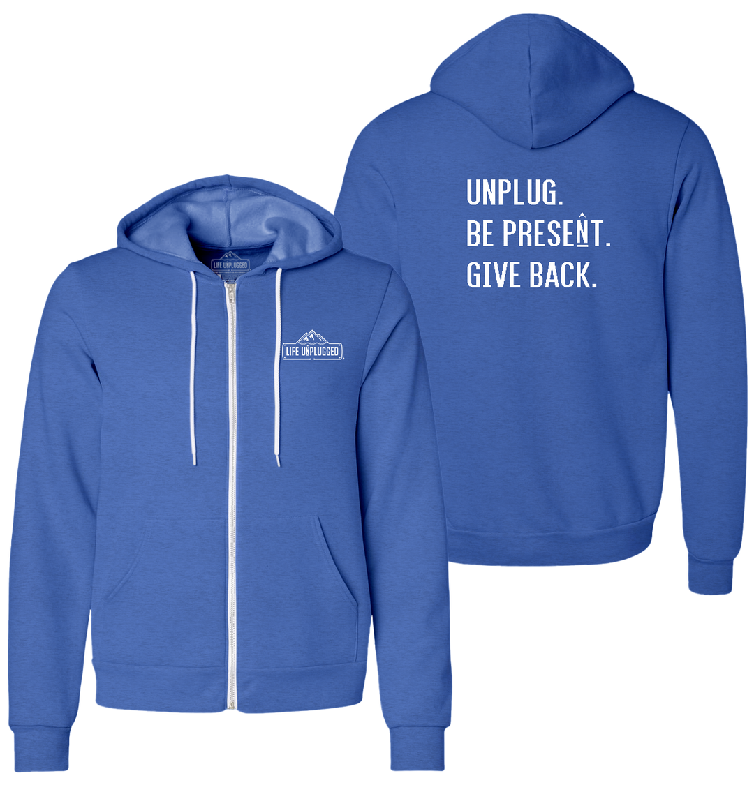 UNPLUG. BE PRESENT. GIVE BACK. Supersoft Midweight Zip Up Hoodie LARGE - GREAT LAKE BLUE BLOWOUT