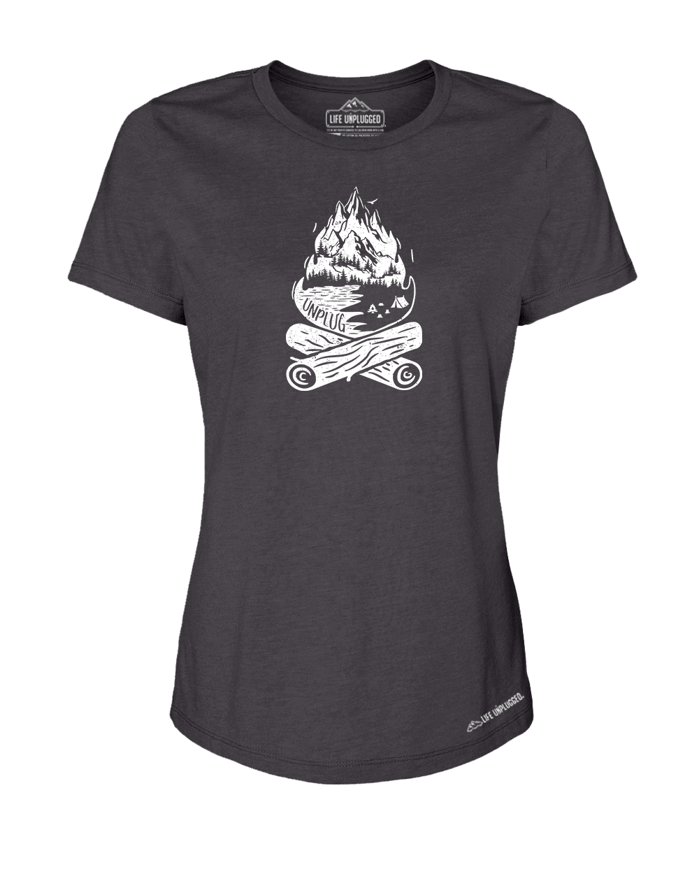 Campfire Mountain Scene Premium Women's Relaxed Fit Polyblend T-Shirt - Life Unplugged