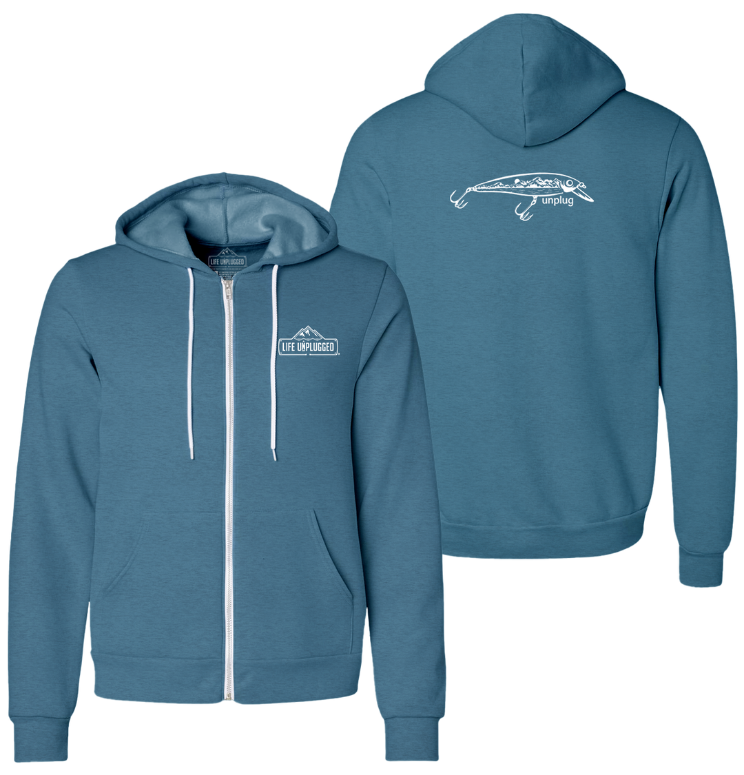 FISHING LURE MOUNTAIN SCENE Supersoft Midweight Zip Up Hoodie
