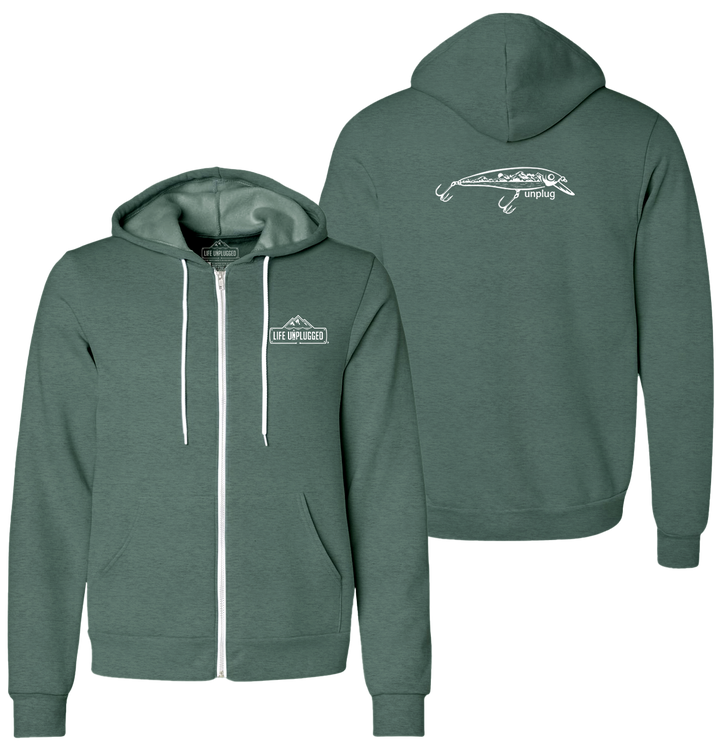 FISHING LURE MOUNTAIN SCENE Supersoft Midweight Zip Up Hoodie