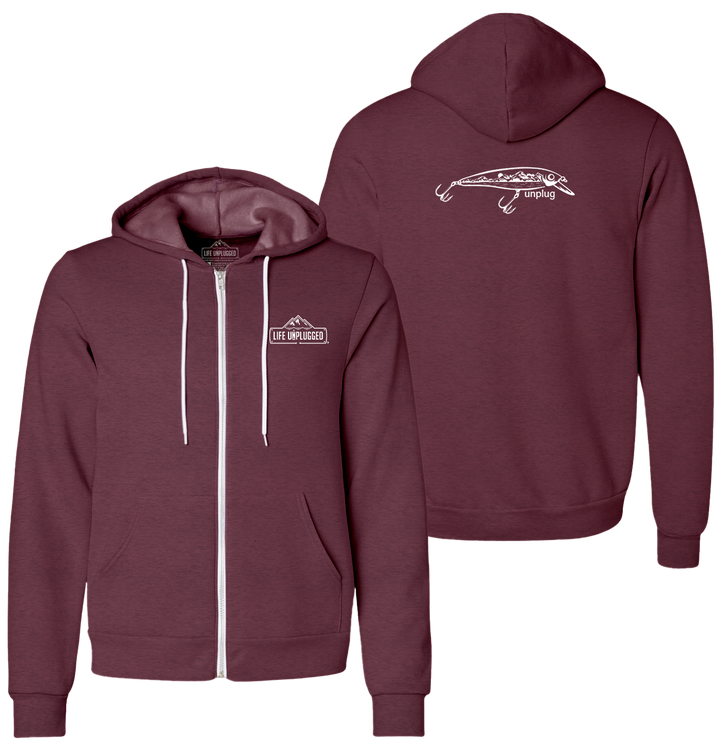 FISHING LURE MOUNTAIN SCENE Supersoft Midweight Zip Up Hoodie
