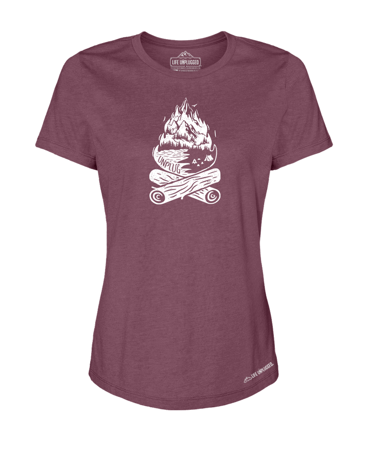 Campfire Mountain Scene Premium Women's Relaxed Fit Polyblend T-Shirt