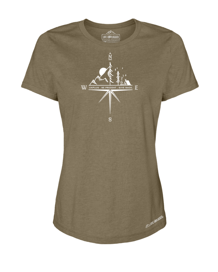 Compass Mountain Scene Premium Women's Relaxed Fit Polyblend T-Shirt - Life Unplugged