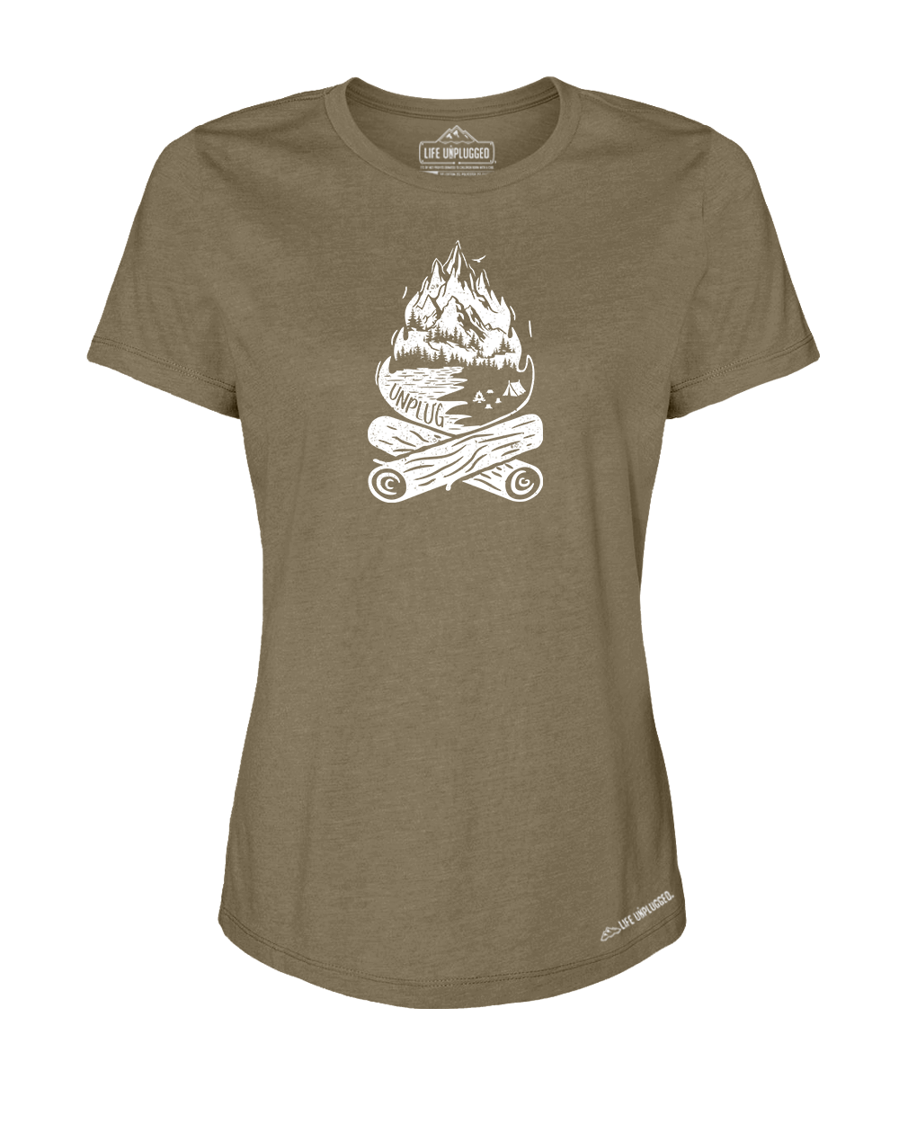 Campfire Mountain Scene Premium Women's Relaxed Fit Polyblend T-Shirt - Life Unplugged