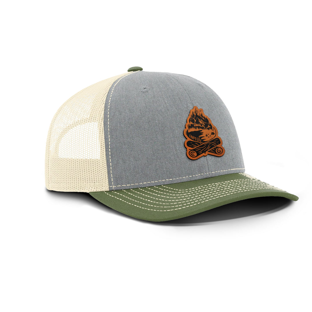 CAMPFIRE MOUNTAIN SCENE Snapback Leather Patch Hat