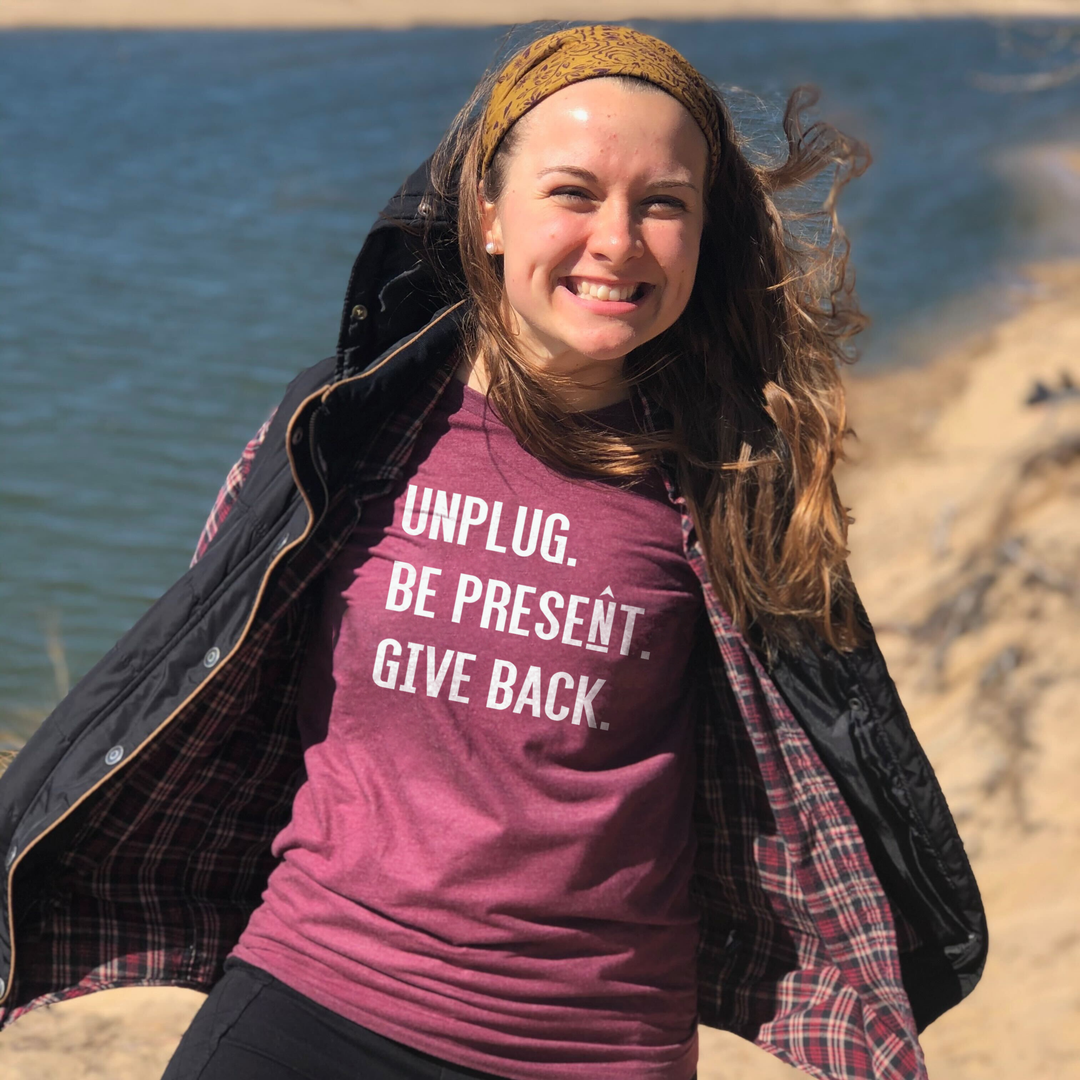 UNPLUG. BE PRESENT. GIVE BACK Premium Women's Relaxed Fit Polyblend T-Shirt