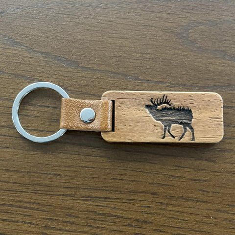 Elk In The Trees Wooden Keychain