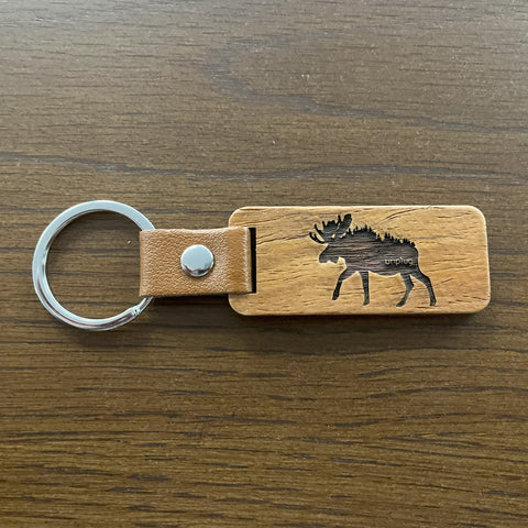 Moose In The Trees Wooden Keychain