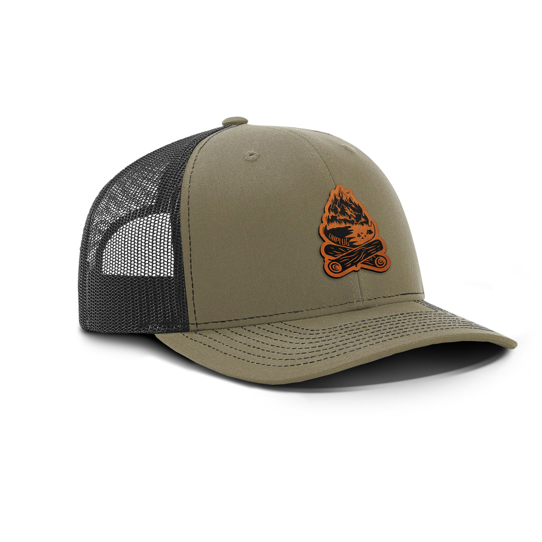 CAMPFIRE MOUNTAIN SCENE Snapback Leather Patch Hat