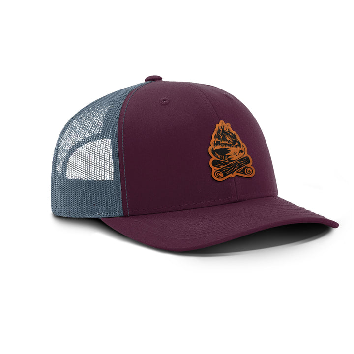 CAMPFIRE MOUNTAIN SCENE Snapback Leather Patch Hat