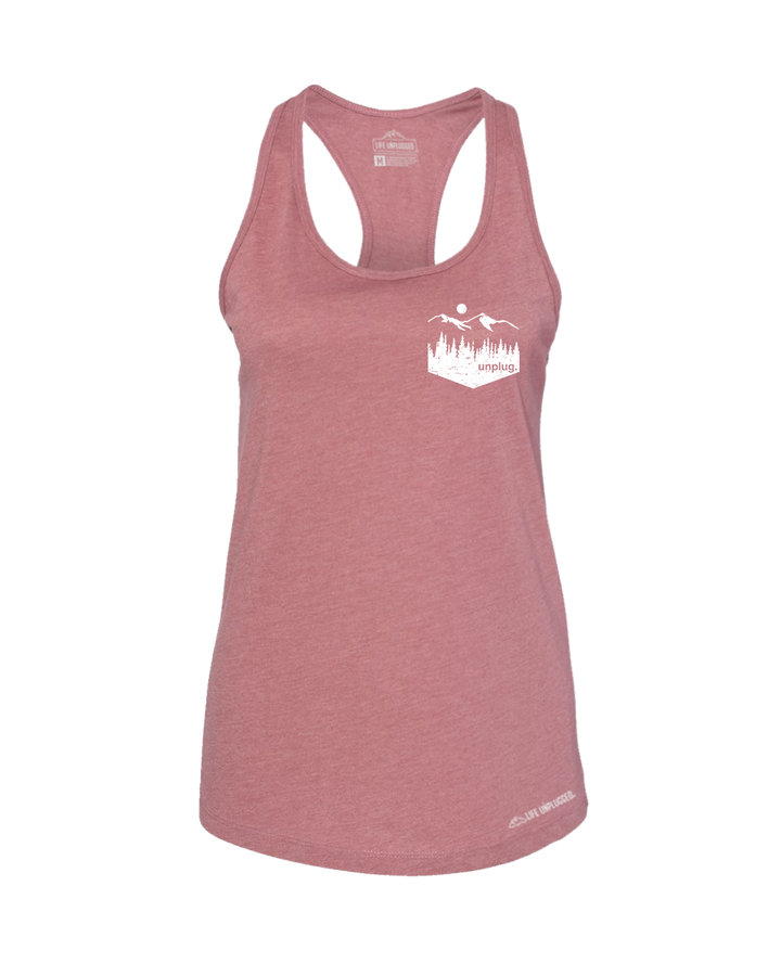 Unplug Mountain Left Chest Pocket Premium Women's Relaxed Fit Racerback Tank Top - Life Unplugged