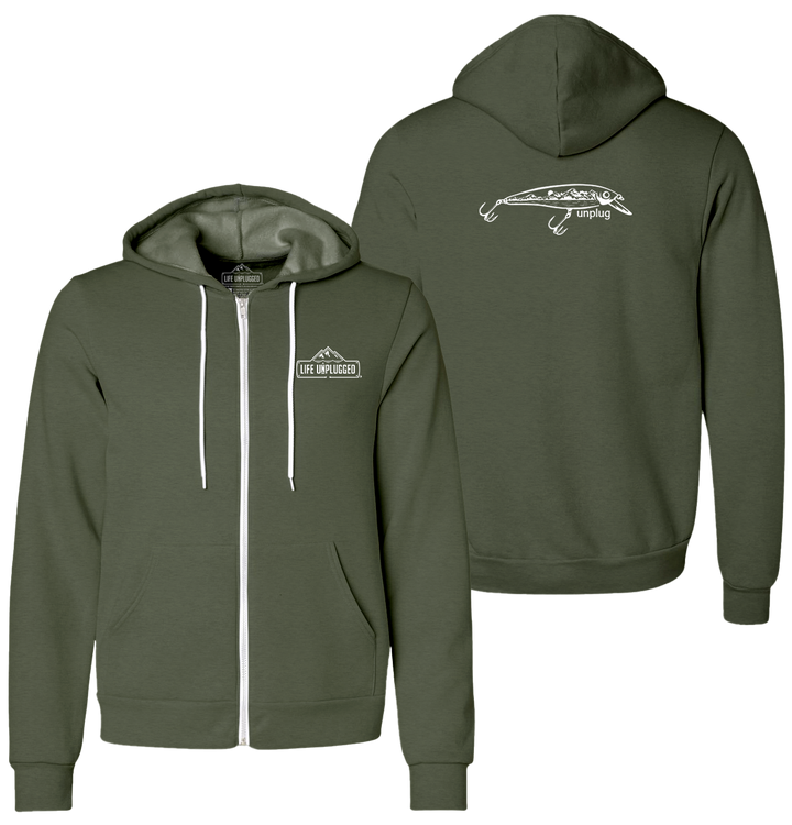 FISHING LURE MOUNTAIN SCENE Supersoft Midweight Zip Up Hoodie
