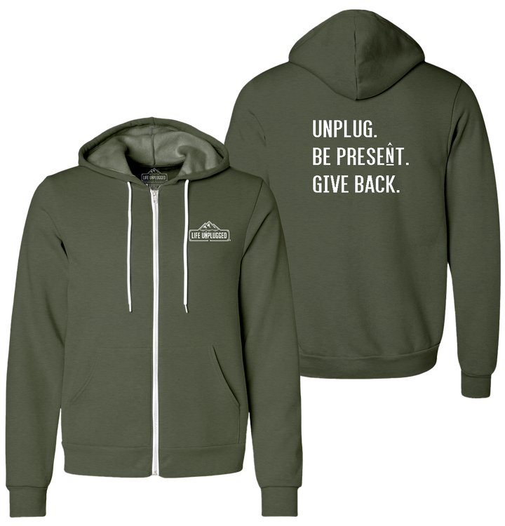 UNPLUG. BE PRESENT. GIVE BACK. Supersoft Midweight Zip Up Hoodie