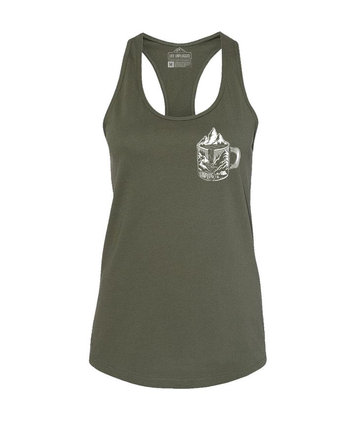 Coffee Mountain Scene Left Chest Women's Racerback Tank Top