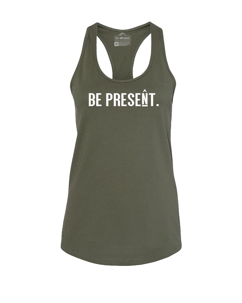 BE PRESENT. FULL CHEST Women's Racerback Tank Top