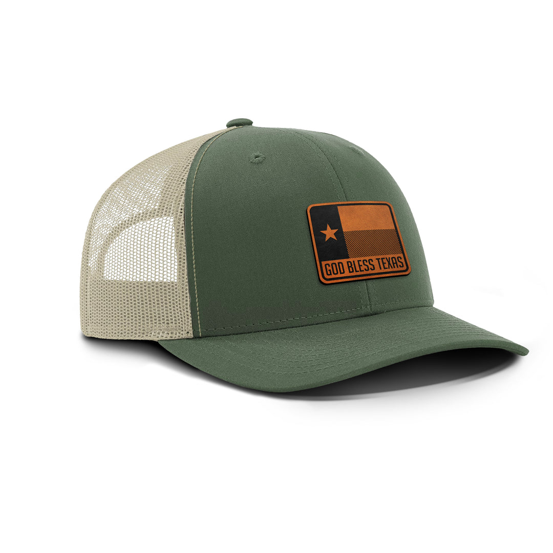 GOD BLESS TEXAS Snapback Leather Patch Hat - MOSS/KHAKI BLOWOUT