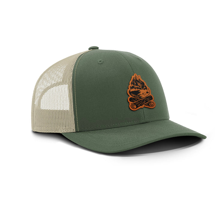 CAMPFIRE MOUNTAIN SCENE Snapback Leather Patch Hat